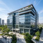 Wizualizacja nowoczesnej dzielnicy biznesowej i przeszklonych budynków ekologicznych o zachodzie słońca