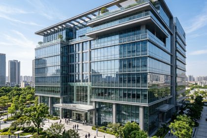 Wizualizacja nowoczesnej dzielnicy biznesowej i przeszklonych budynków ekologicznych o zachodzie słońca